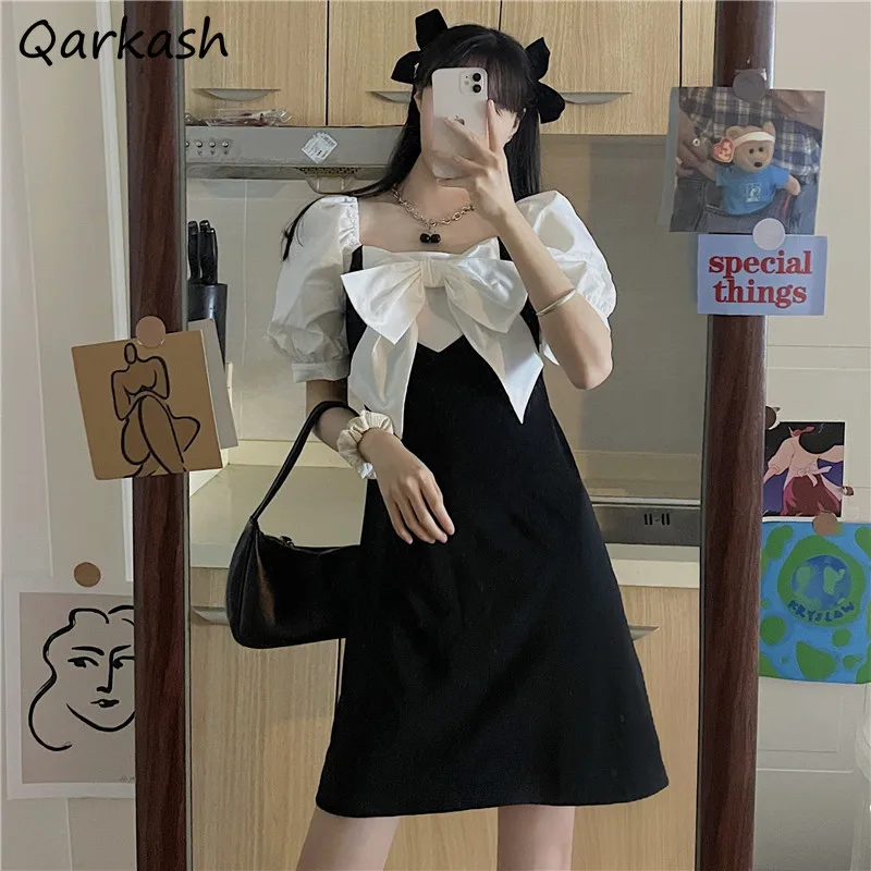 

Patchwork Dress Women Mini Preppy Kawaii Big Bow Design Summer Sweet Japan Style Trendy Party Square Collar Mujer Popular Ins