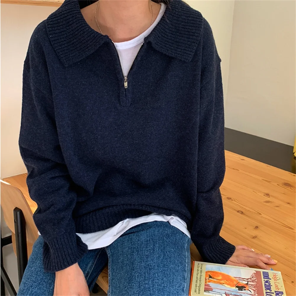 

Женский вязаный пуловер на молнии, повседневный свободный свитер с лацканами, теплая верхняя одежда, стильные Джемперы, осень 2021