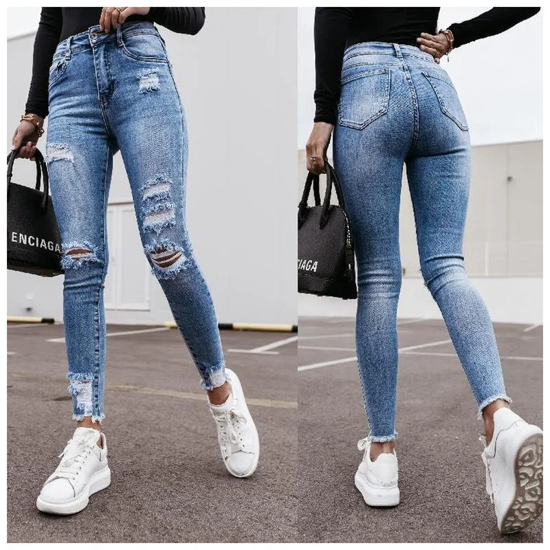 

Streetwear Jeans Long Pants Fashion Skinny Pockets Trousers Ripped Hole High Waist Denim Skinny Women Jeans for Daily Life Pants