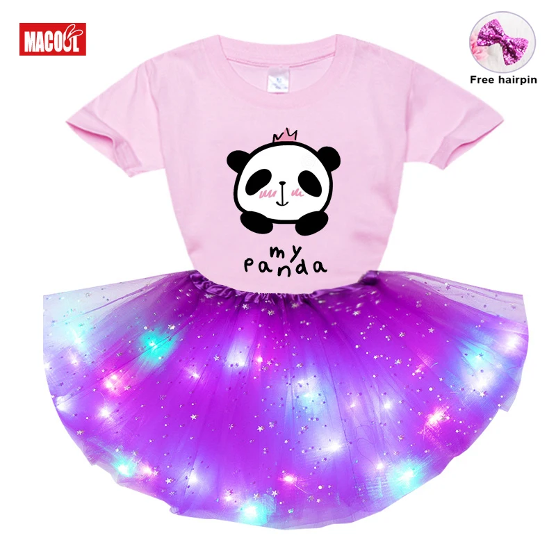 Girls Clothing Set 2021 Summer T Shirt Kids Dress Clothes Outfits Cute Panda New 3Pcs Suit Tutu Dress Light LED Birthday Present