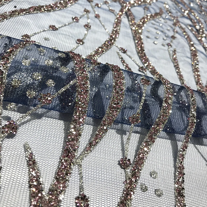 

Navy Blue African High Quality Glitter Mesh Lace Crystal Rhinestone Tulle Fabric for Sewing Nigerian Women Party Dress Wholesale