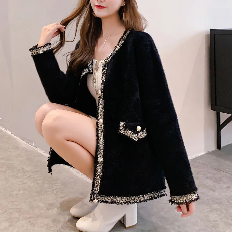 

2020 New Korean Stylish Faux Mink Fur Coat Women Long Sleeve Single Breasted Autumn Winter Knitted Women Jackets Outerwear