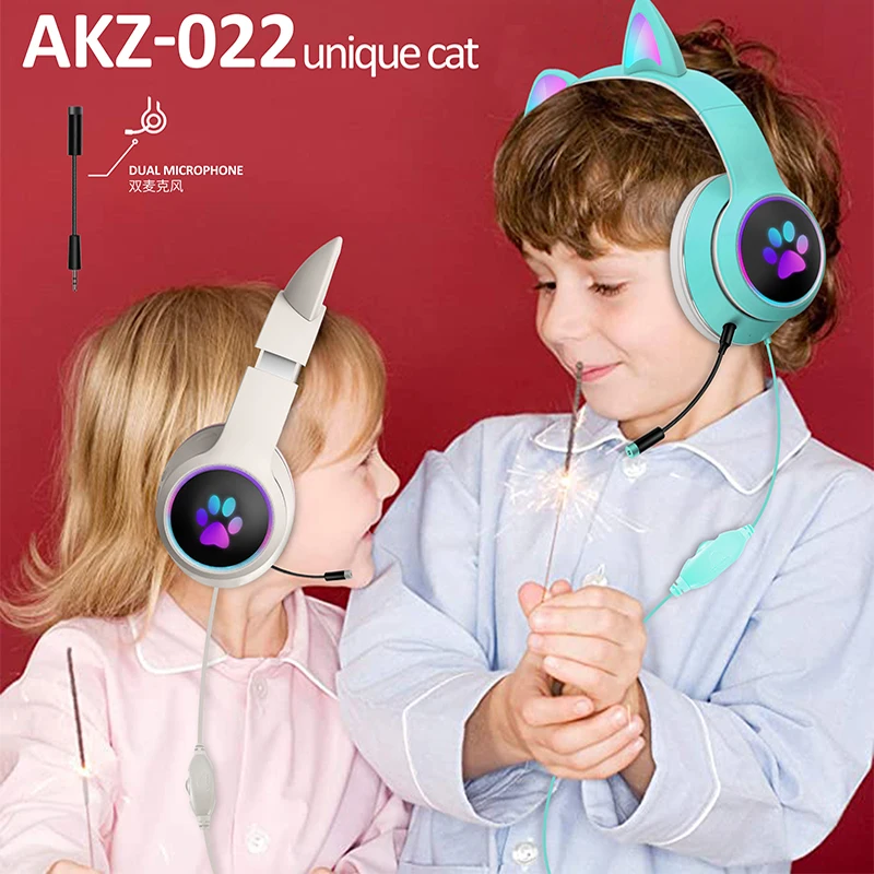 

Wired Gaming Headset Cat Ear Headphones For PC Computer Pink Headsets with Noise Reduction Microphone Colorful Light