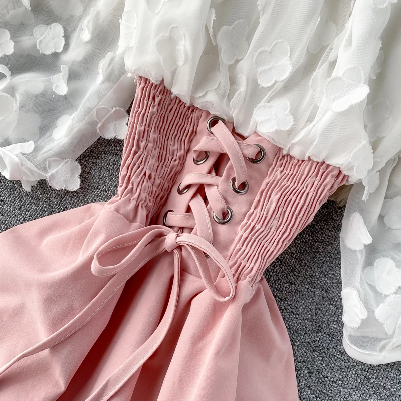 

2021 Sexy Off Shoulder Patchwork Summer Short Dress Party Flower Chiffon Slim Waist Lace Up Women Casual A-Line Beach Dress