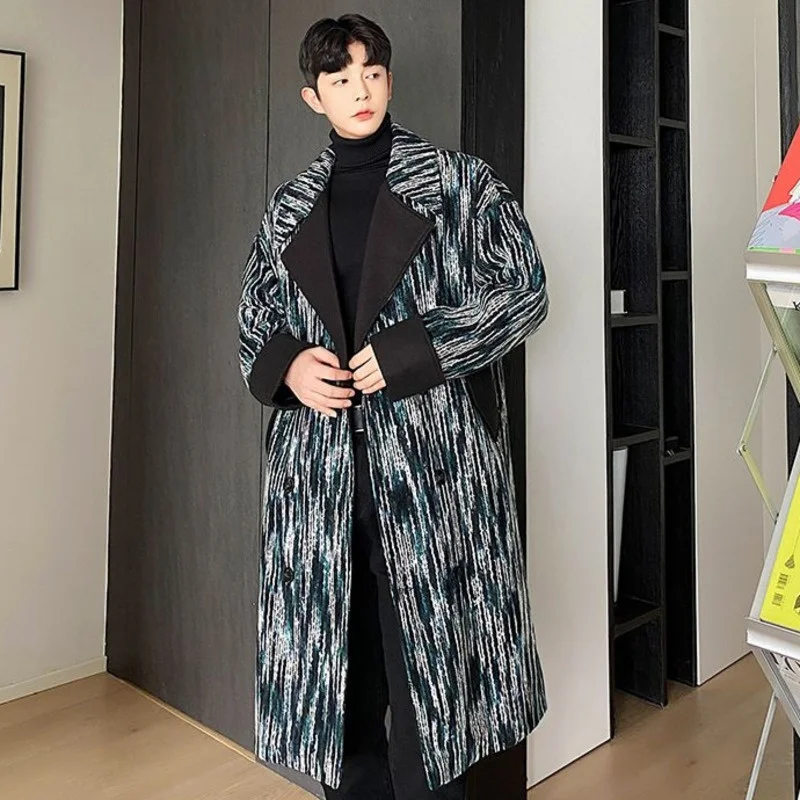 

Мужская одежда, корейская мода, контрастное шерстяное пальто средней и длинной длины с узором под дерево, мужское Новое свободное двубортно...