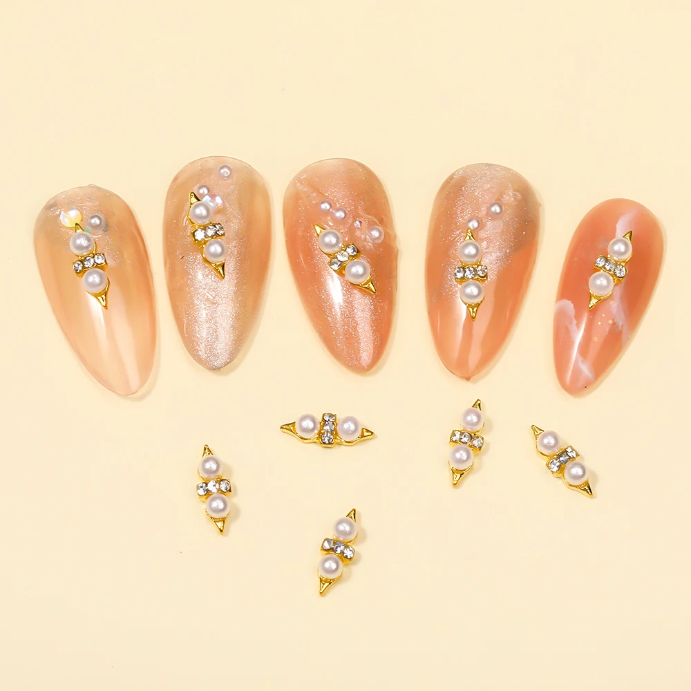 

10PC Nails Art Alloy Rhinestone 3D Golden Metal Inlaid Pearl Crystal Flat Back Irregular Design Nail Parts DIY Nails Art Jewelry
