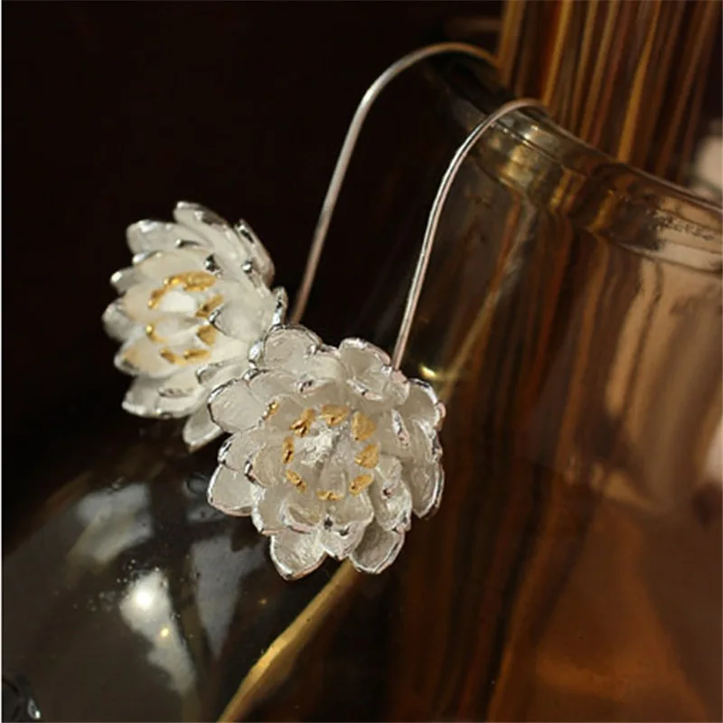 

925 Sterling Silver Handmade Lotus Flower Hook Earrings Double Color Wire Drawing Earrings Jewelry For Women S-E124