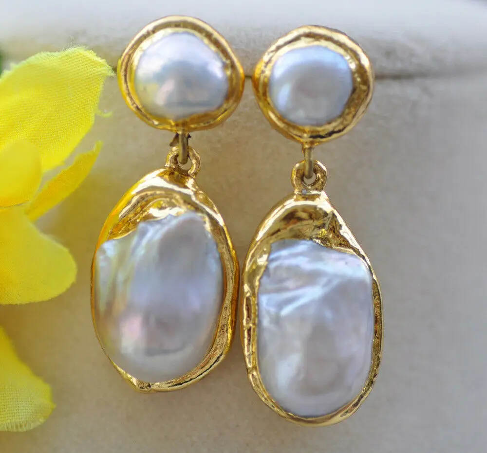 

27mm White Baroque Keshi Pearl gold-plating Dangle Earrings