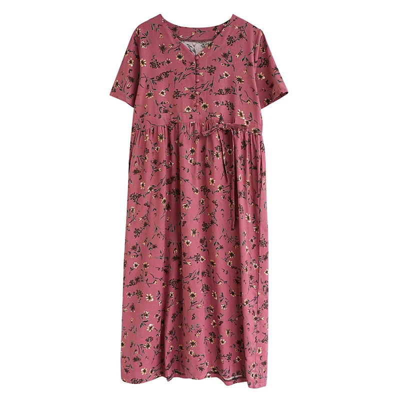 

2020 Summer New Artistic Retro Cotton and Linen Floral Dress Cinched Drawstring Belly Covering Figure Flattering Wide Hem Long