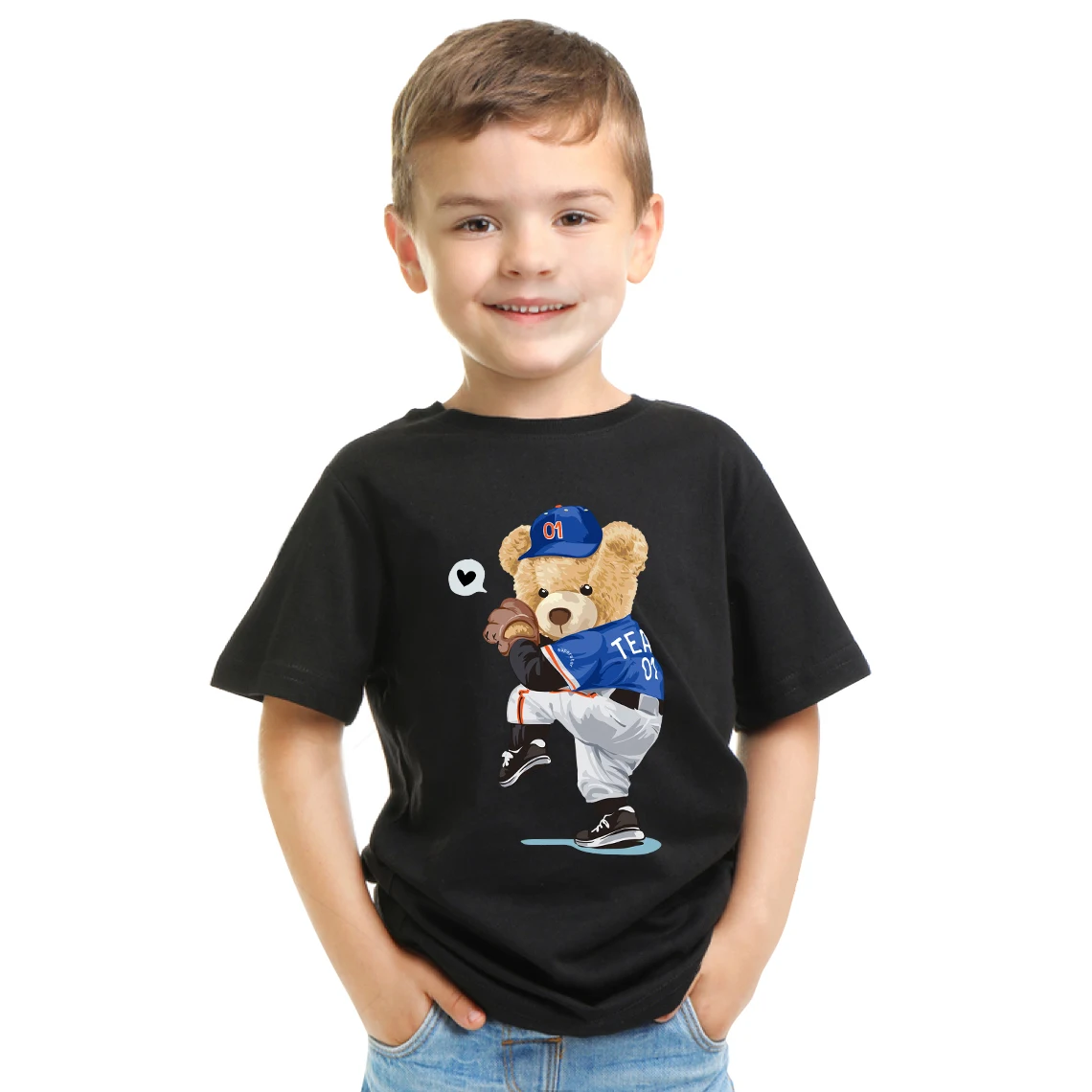 

2022 Summer New Kids T-shirt Cool Baseball Teddy Bear Print Children Boys Girls Short Sleeve T-shirt Cotton Tops Korean Clothes