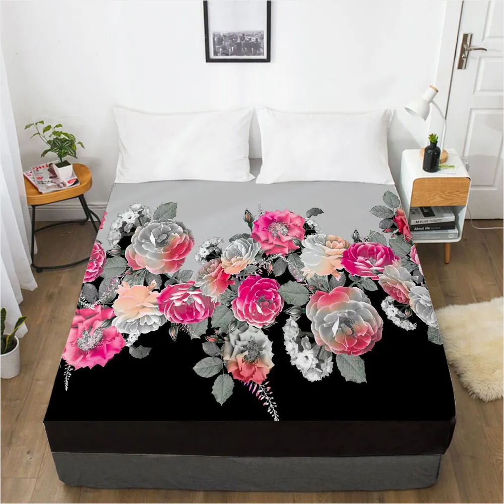 

3D Fitted Sheet Custom Twin Full Queen King Size Mattress Cover With Elastic Bed Sheet 180x200 Bedding Black Rose For Wedding