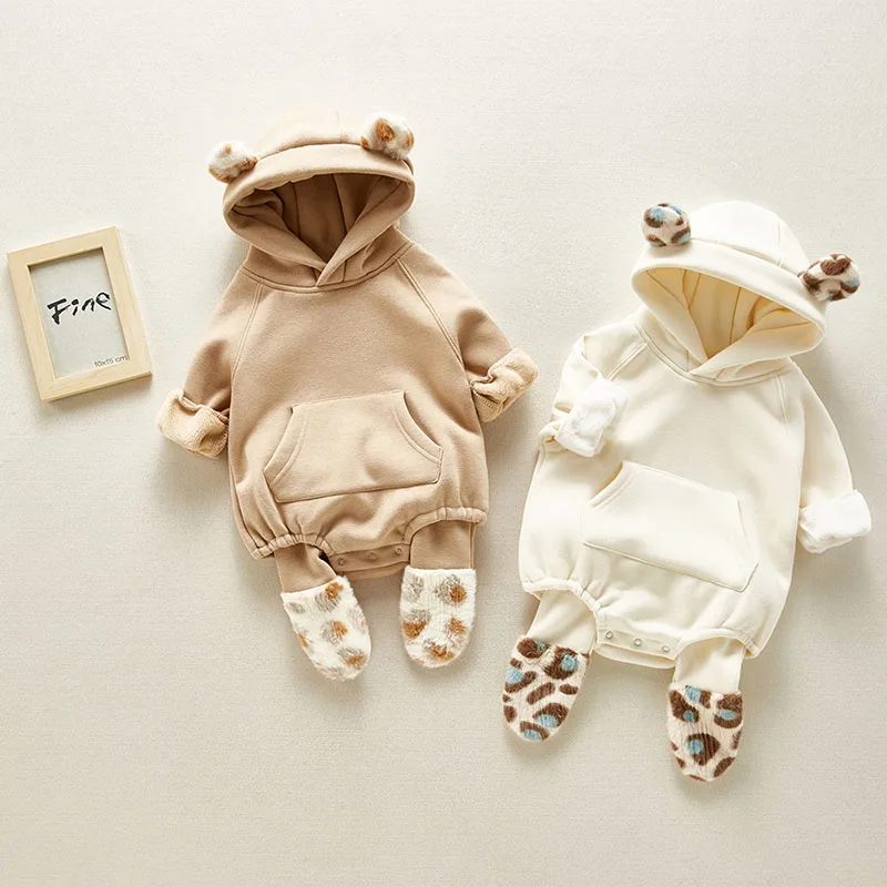 

Winter Baby Girl Bodysuits 0-2Yrs Baby Plush Ears Baby Newborn Clothes Hooded Bodysuit Climbing Clothes Plush Thickened