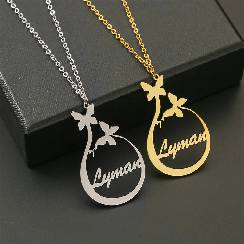 

Custom Name Necklace With Butterfly Stainless Steel Link Chain Neck Pendant Letter Nameplated Personalized Collier Necklace
