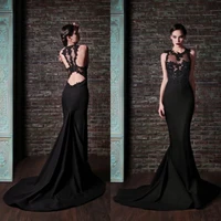 sexy backless robe de soiree mermaid prom gown 2018 elegant black appliques sleeveless o neck court train bridesmaid dresses