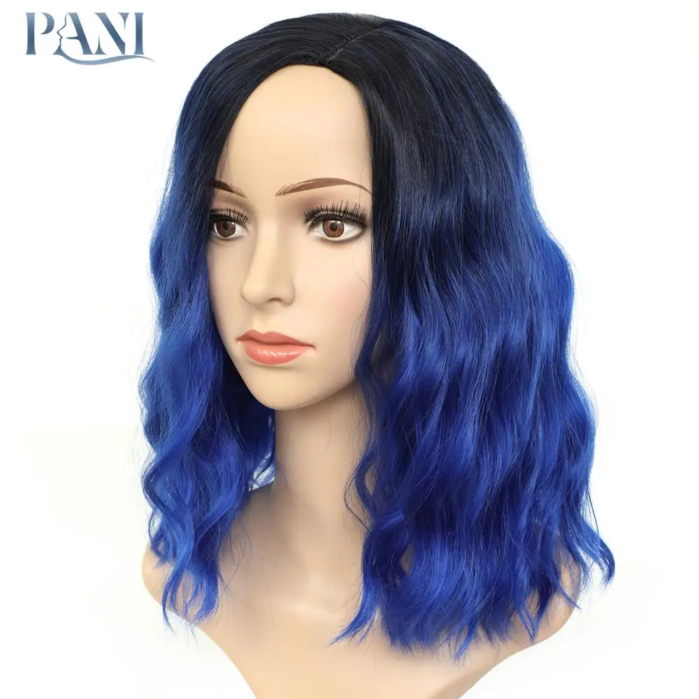 

PANI Synthetic Wigs for Women Short Wig Wavy Bob Wigs Heat Resistant Fiber Lolita Wig Cosplay Ombre Dark Blue Wig With Dark Root