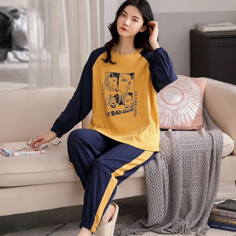 

2020 Pure Cotton Pajamas Women's Autumn Winter Long-sleeved 2 Piece Set Loose and Can Be Worn Outside Cute Plus Size Home Suit