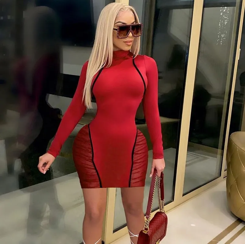 

Plus Size Bodycon Party Dress Women Autumn Sheer Mesh Patchwork Long Sleeve Dress Clubwear Turtleneck Ruched Club Mini Dress 3XL