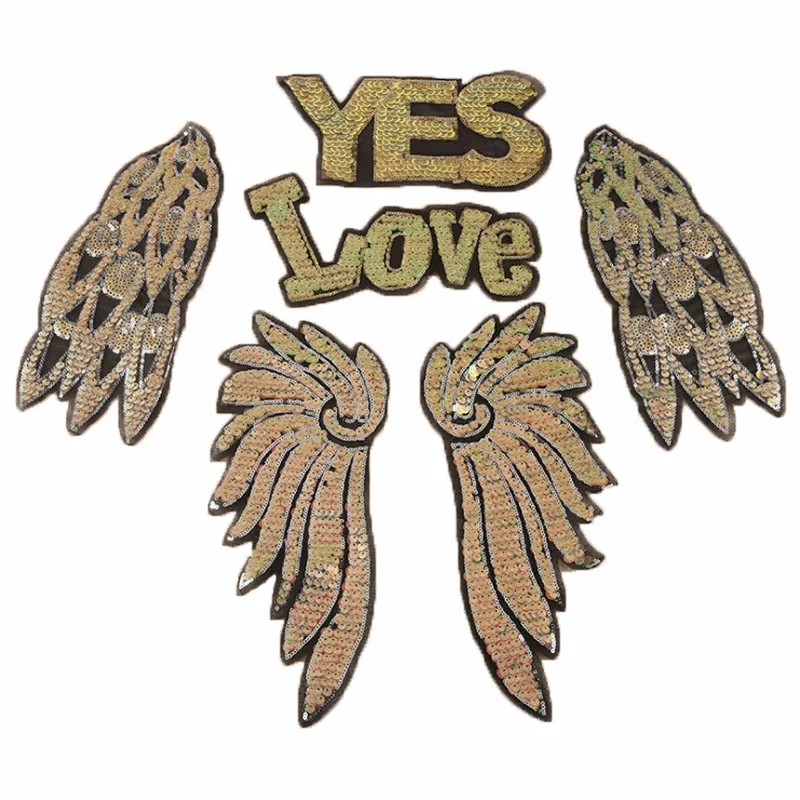 Новое поступление нашивки из ткани с блестками и перьями вышивкой Yes Love Wing