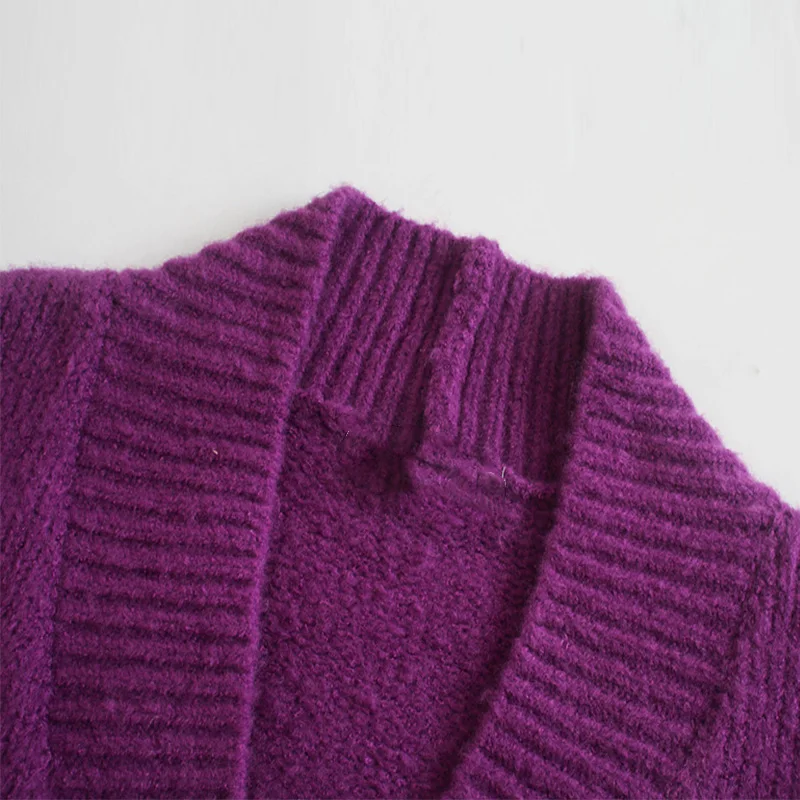 

YNZZU 2020 Autumn Vintage Purple Knitted Sweater Cardigans Women Long Sleeve Female Coat V Neck Sueter Mujer AT656