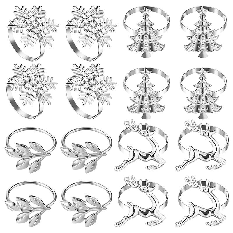 

16Pcs Silver Christmas Napkin Rings Snowflake Napkin Rings Decor Christmas Deer Napkin Holders Leaves Table Rings Decor