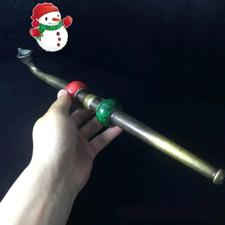 Vintage Pure copper Pipe Antique inlay red green jade archaic article collection | Дом и сад