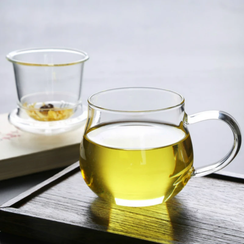 

360ml Office Transparent Flower Tea Mug Simple Filter Round Glass Cup Office Three-piece Tea Mugs with Handle Lid