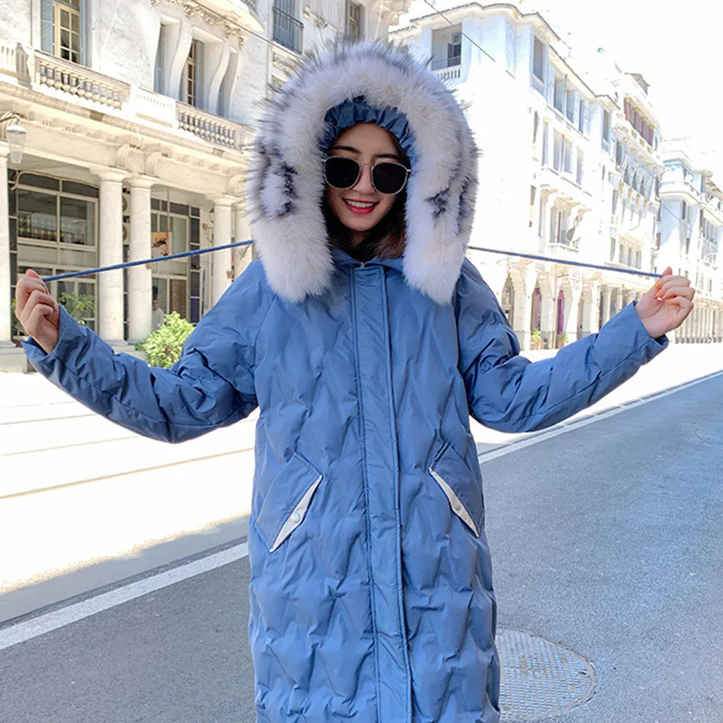 New Fashion 2019 Hooded Blue Winter Women Coat Wool Zipper Pocket Hoodie Zippers Long Jackets Outwear Chaqueta Mujer HSU | Женская
