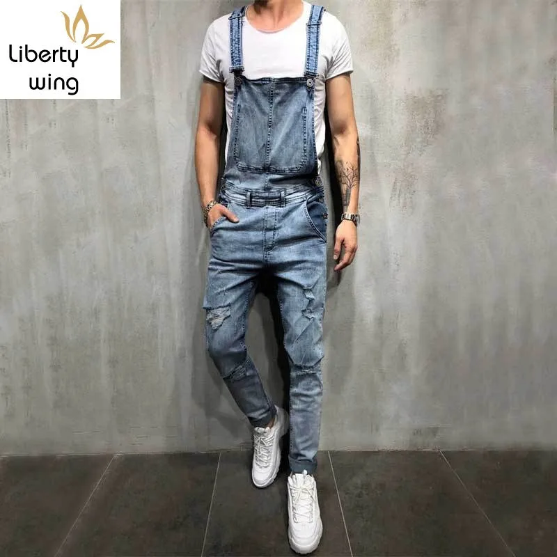 

Fashion Cowboy Mens Overalls Hole Ripped Denim Rompers Slim Fit Pencil Pants Plus Size Man Jumpsuit Jeans Trousers