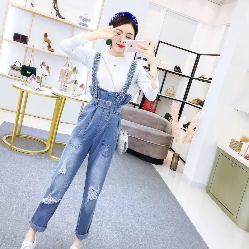 Женский комбинезон шикарные бриллиантовые ремни с высокой талией джинсовый