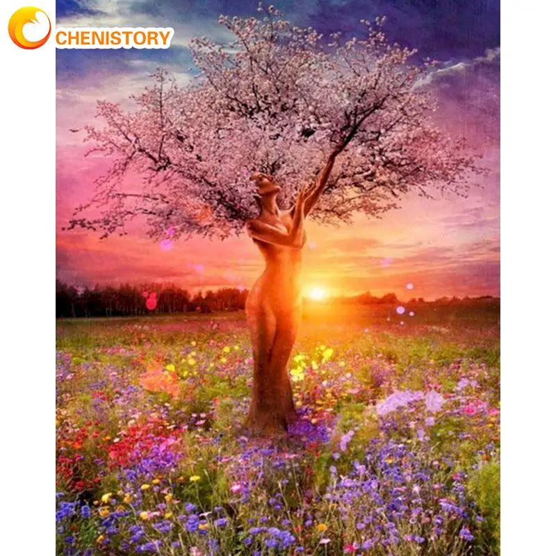 

CHENISTORY 60x75cm Frame Picture Paint By Numbers Kits Tree Sunset Acrylic Paint Handcraft For Home Decors Coloring By Numbers