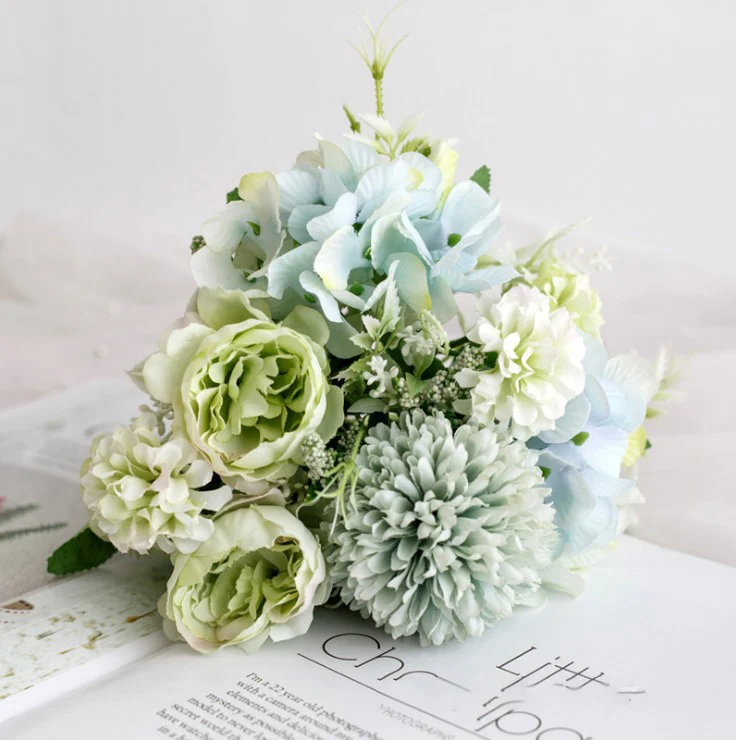 peony green 1 букет, украшение для дома, отеля, Европейский искусственный букет, шелковые искусственные цветы, роза, пион, для рукоделия, вечерние, свадебные украшения, венок - Цвет: peony green