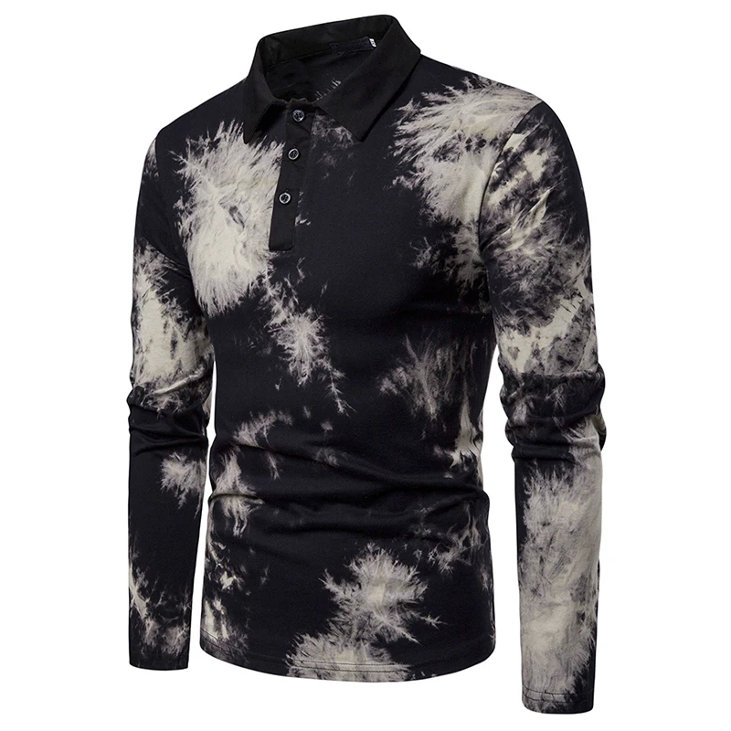 Men's Polo Shirt Casual Male Long Sleeve Tops Printed V-neck Fashion Slim Fit Polos | Мужская одежда