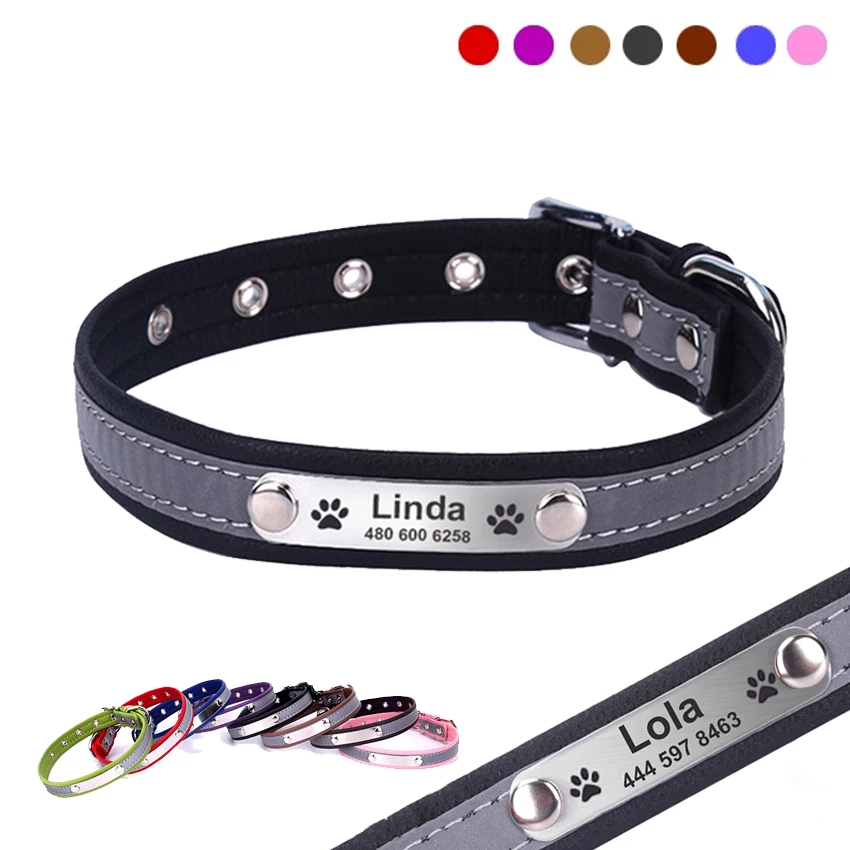

Personalized Dog Collar Leather Reflective Cat Collar Custom Engraved ID Tag Engraved For Puppy Large Dogs Pet accessories
