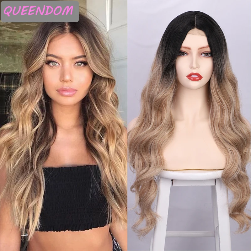 

Omber Brown Body Wave Lace Wig 26'' Long Wavy Synthetic Lace Front Wig Heat Resistant Fiber Lolita Cosplay Wigs for Black Women