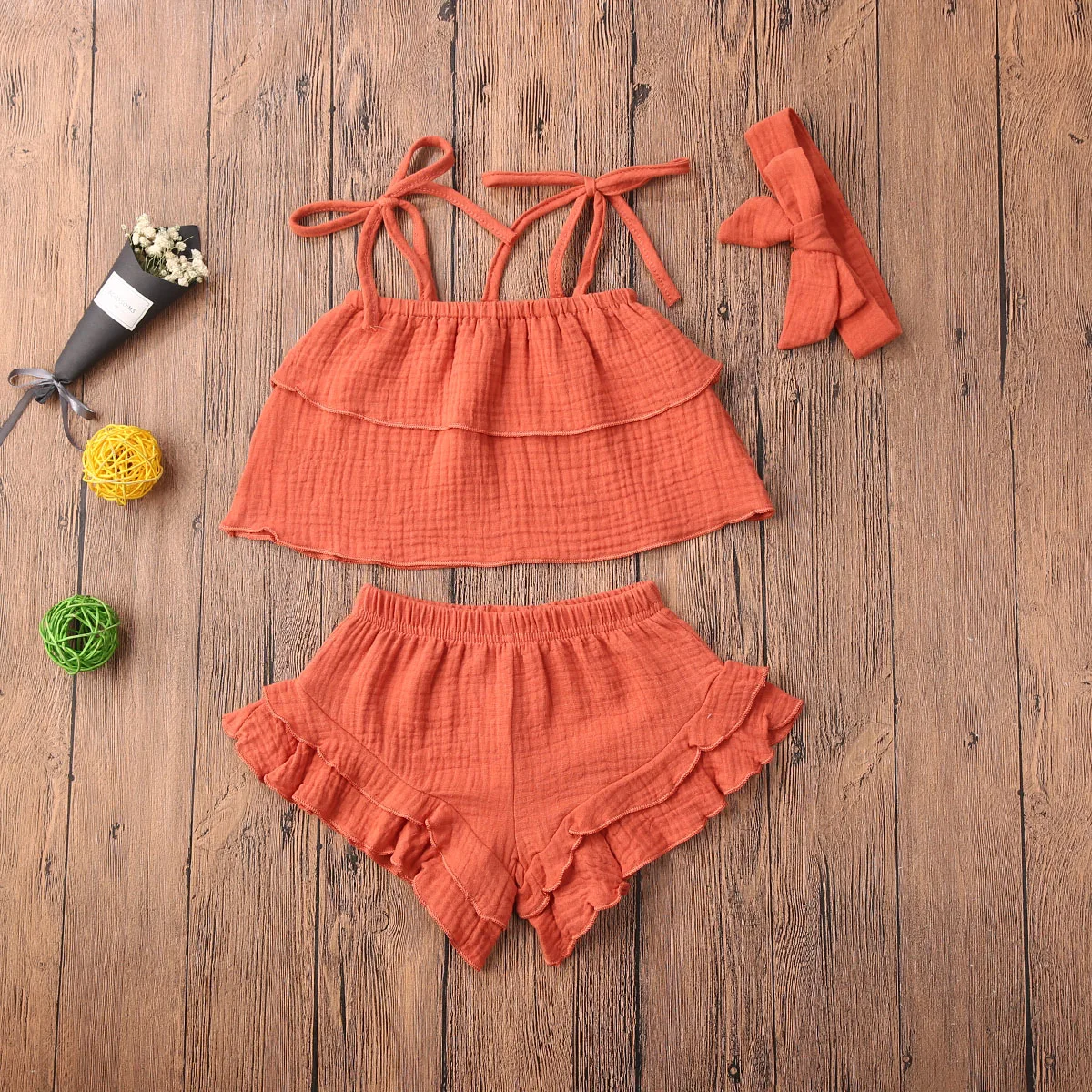 2020 Baby Summer Clothing Infants Girls Top Shorts Lace Pleated Elastic Headband Bow Sleeveless Ruffle 100% Cotton Outfit | Детская