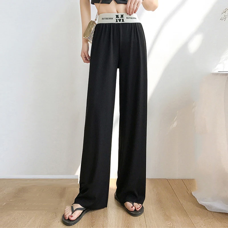 

Fashion Splice Letter High Waist Knitted Wide Leg Pants Women Casual Loose Stretchy Pants Korean Style Straight Leg Trousers