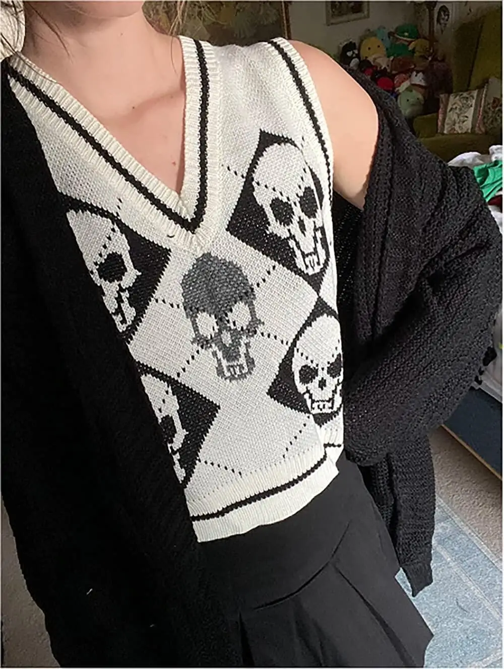 Женский вязаный свитер с рисунком черепа Y2K свободный Готический укороченный топ