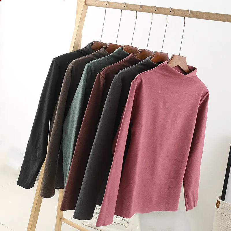 

New Spring Winter Women Turtleneck T Shirt Tees Warm Thick Velvet T-Shirts Comfortable Female Bottoming Long Sleeve Shirt Tops