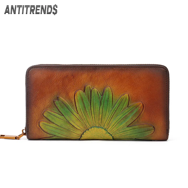 

ANTITRENDS Genuine Leather Clutch Bag Bag 2021 New Luxury Female Retro Long Zipper Wallets Embossed Money Clip Card Case