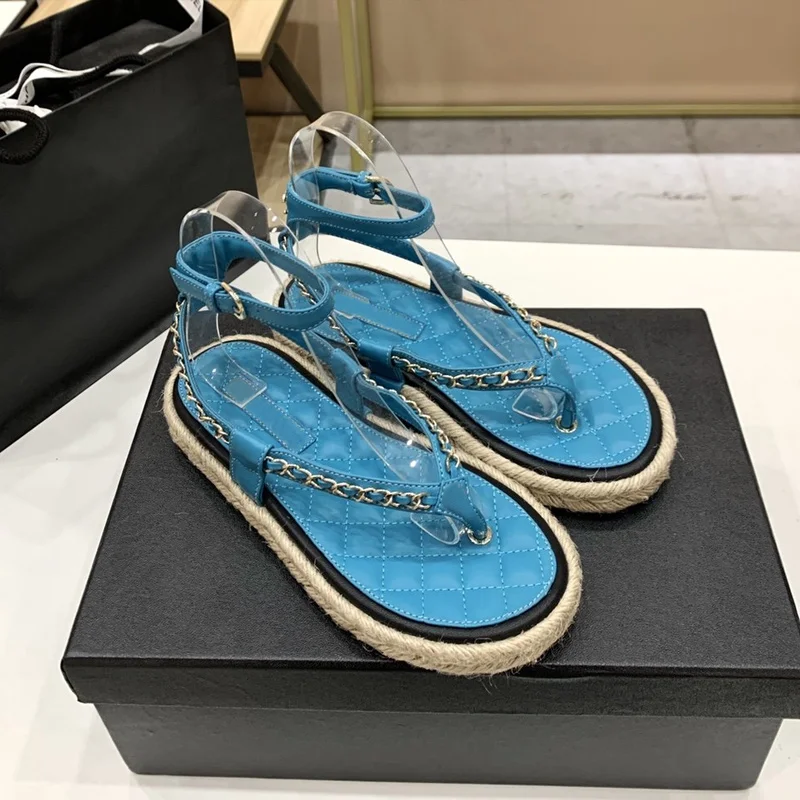 

Prowow designer brand ladies hemp rope braided sandals chain leather candy color summer shoes ankle straps