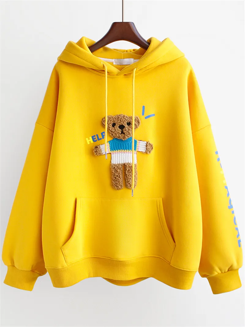 

Women's Long Sleeve Hooded Sweatshirts Autumn Winter Korean Ulzzang Harajuku Fleece Kawaii Bear Hoodies Female Warm Clothing