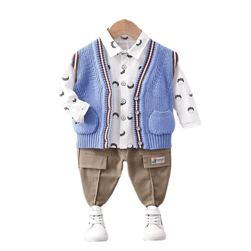 

2021 Spring Boys' Cardigan Knitted Sweater Fashion Korean Baby Children's Three Piece Suit