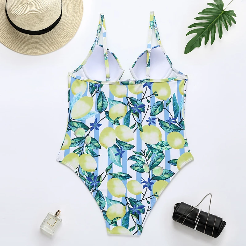 

Sexy One Piece Swimsuit Women Fruit Print Swimwear Female String Bathing Suits Vintage Monokini Underwired Bodysuit 2021 Push Up
