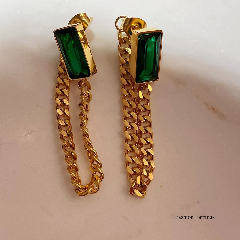 Новые модные женские висячие серьги 2021 трендовая цепь зеленые Стразы эффектные