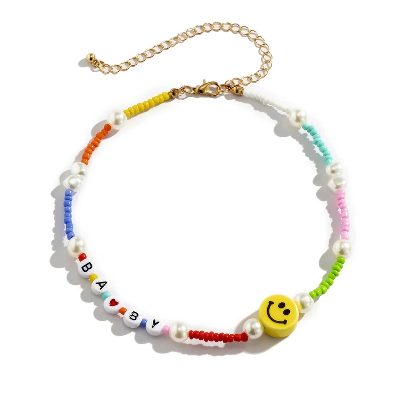 

Minar Creative Candy Color Beaded Chains Necklaces for Women Rainbow Beading Pearls Smile Pendant Choker Necklace Boho Jewelry