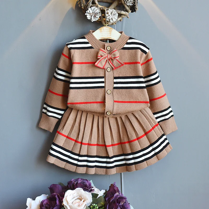 

Baby Girl Spring Autumn Plaid Solid Clothes Sets Long Sleeve Knitting Cardigan + Pleated Skirt 2PCs Outfits Fashion Girls Sets