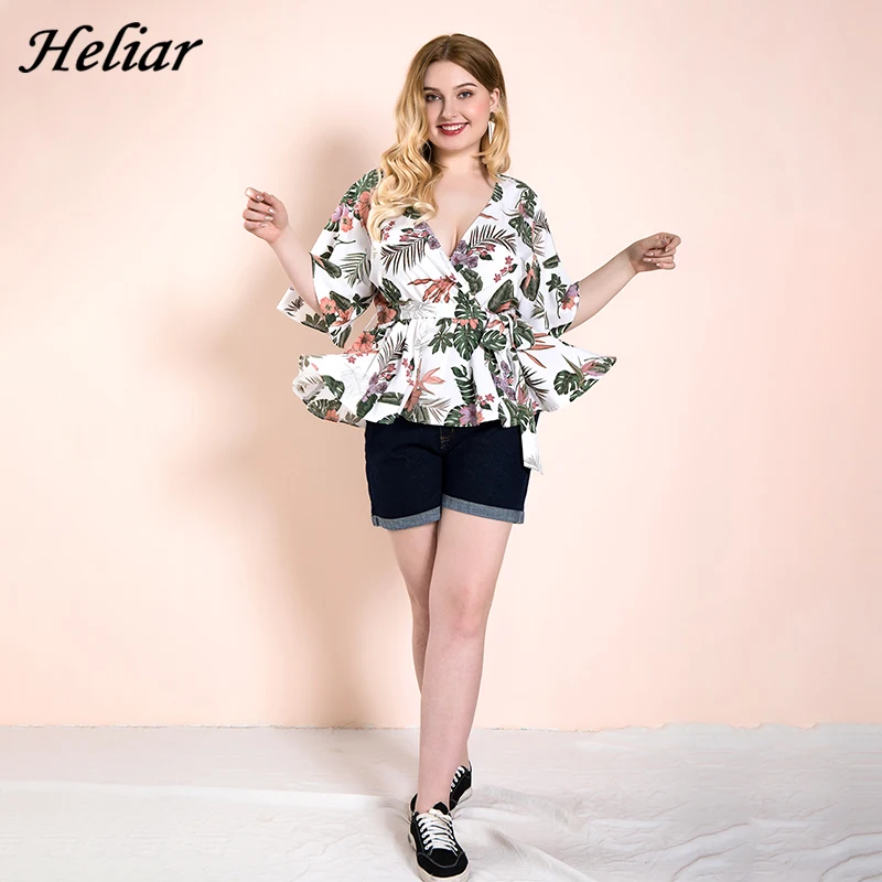 HELIAR цветочный принт размера плюс высокая талия блузка летняя с оборками Модная