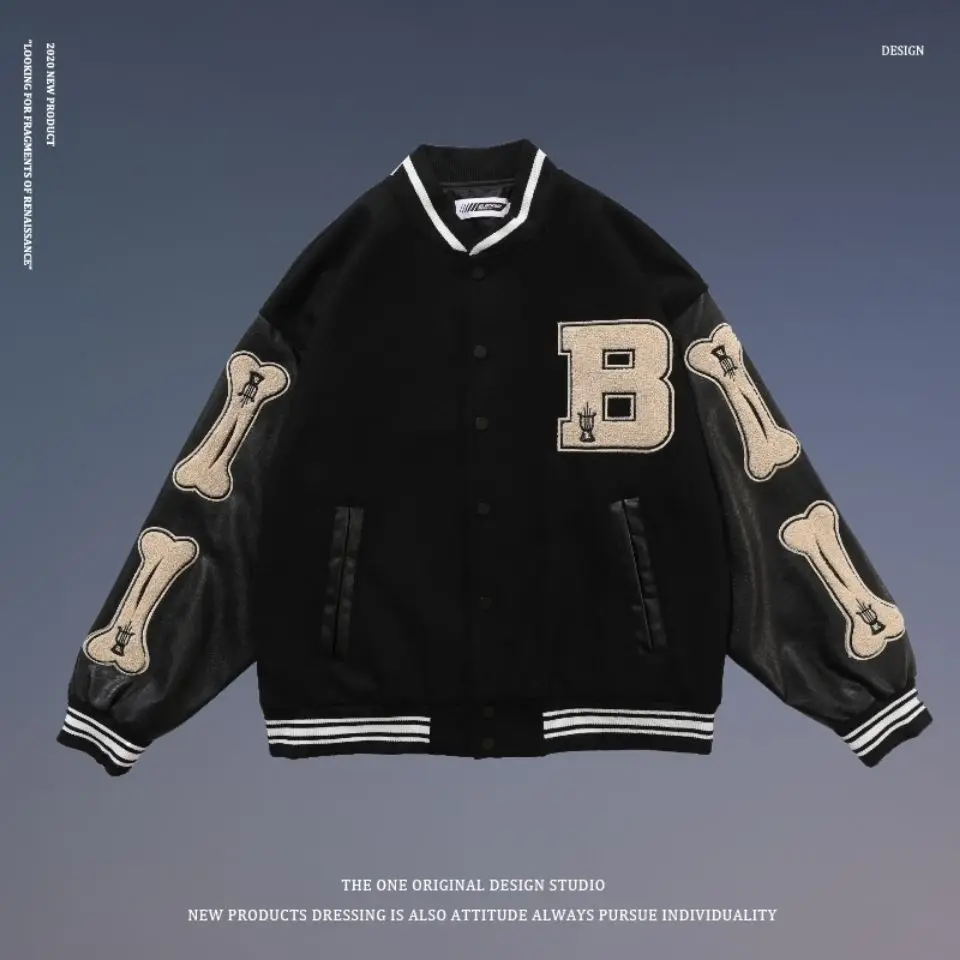 

New European and American high street jacket women trend flocking baseball uniform street loose style stitching jacket women C25