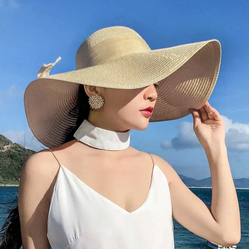 

Summer Large Brim Straw Hat Floppy Wide Brim Sun Cap Bowknot Beach Foldable Hats New Fashion Hats for Women gorras para mujer