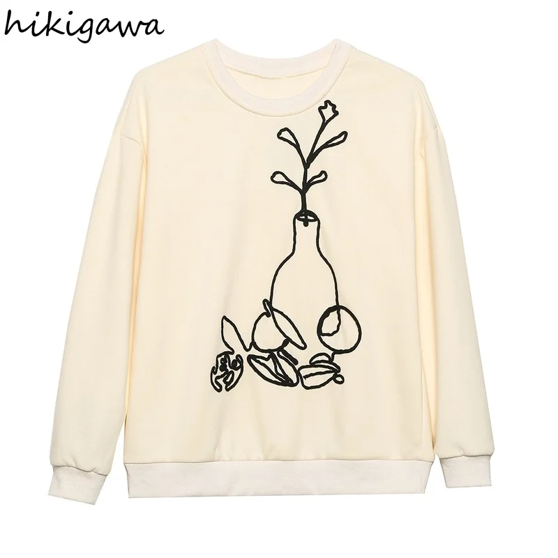 

Hikigawa Women Tshirts 2021 Autumn New Fashion Flower Embroidery O Neck Long Sleeve Loose All Match Style Pullover Chic Tops